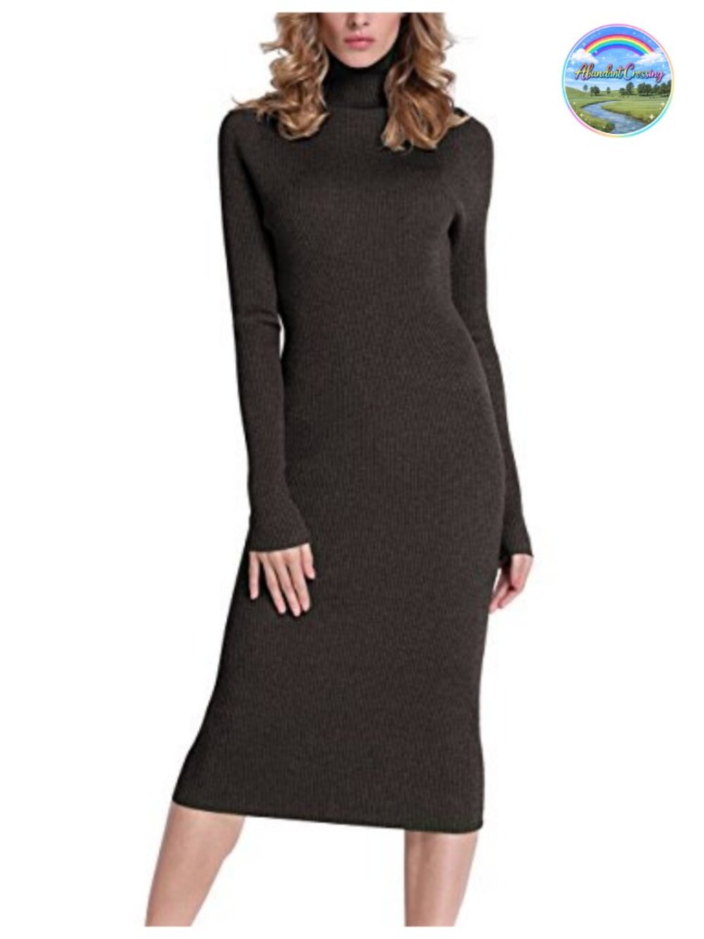 Turtleneck Ribbed Knit Midi Sweater Dress Elbow Sleeve Bodycon Pullover